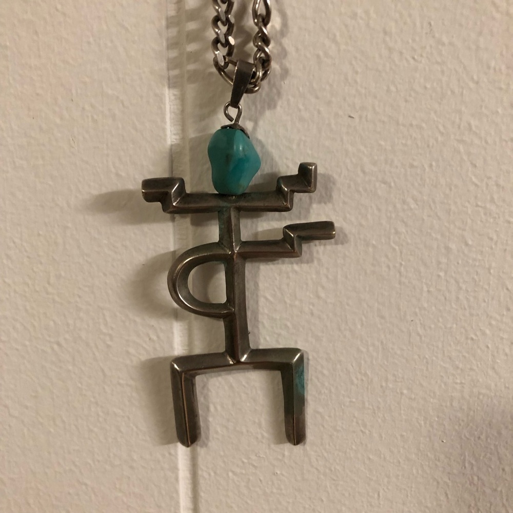 Navajo Style Yei Pendant with Turquoise (?) Head Silver Chain